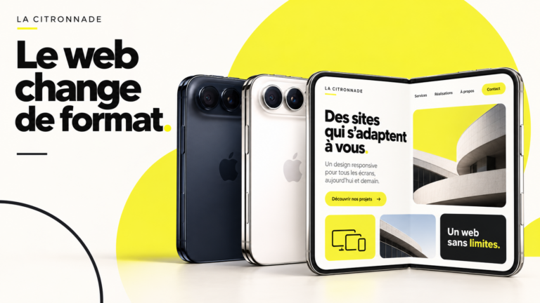 Téléphone pliable affichant une maquette de site La Citronnade, avec le message « Le web change de format ».